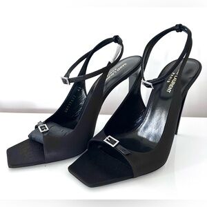 Saint Laurent Carole Crystal-Buckle Silk Sandals, Size 41. Brand new in box